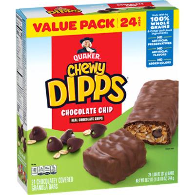 Quaker Chewy Dipps Chocolatey Covered Granola Bars, Chocolate Chip, 1.09 Oz, 24 Count