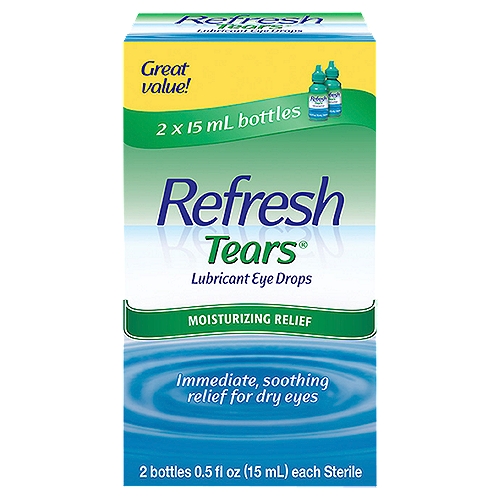 Refresh Tears® Lubricant Eye Drops Preserved Tears, 2 Bottles 0.5 fl oz (15mL) each Sterile (30mL)
MOISTURIZING RELIEF:
REFRESH TEARS® Lubricant Eye Drops instantly moisturizes and relieves dry, irritated eyes with a fast-acting, long-lasting formula that has many of the same healthy qualities as your own natural tears. REFRESH TEARS® comes in two convenient multi-dose bottles and is safe to use as often as needed, so your eyes can feel good - anytime, anywhere. Safe to use with contact lenses.

Original strength formula; Relieves mild symptoms of eye dryness; Instantly moisturizes and lubricates; Designed to act like your own natural tears; #1 doctor recommended with over 30 years of experience.*
*REFRESH Family of Products, Ipsos Healthcare, 2021 REFRESH ECP Recommendation Survey.