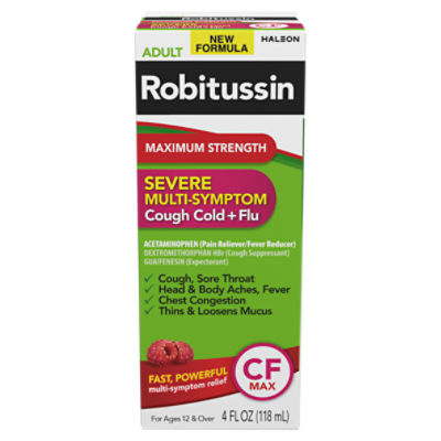 Robitussin Adult Maximum Strength Severe Multi-Symptom Cough Cold + Flu, for Ages 12 & Over, 4 fl oz