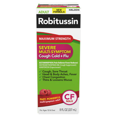 Robitussin Adult Maximum Strength Severe Multi-Symptom Cough Cold + Flu, for Ages 12 & Over, 8 fl oz