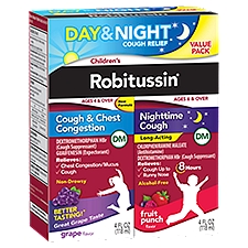 Children's Robitussin Day & Night Cough & Chest, Grape, DM/Night Cough DM, Fruit Punch, 4 Fl Oz x2