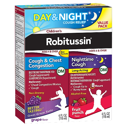 Children's Robitussin Day & Night Cough & Chest, Grape, DM/Night Cough DM, Fruit Punch, 4 Fl Oz x2
• All the cough-stopping power of Robitussin DM, formulated for kids
• Non-drowsy daytime formula helps break up chest congestion, while long-acting nighttime formula relieves cough and runny nose to help kids rest.
• Provides lasting relief from cough, runny nose, sneezing, and other cold symptoms
• One dose lasts up to 8 hours
• For children 6 years and up
