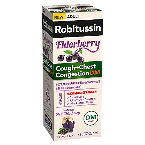 Robitussin Maximum Strength Elderberry Cough + Chest Congestion DM Cough Medicine - 8 Fl Oz
• One 8 fl oz bottle of Robitussin Maximum Strength Elderberry Cough + Chest Congestion DM Non Drowsy Liquid Cough Medicine for Cough and Chest Congestion Relief
• Provides temporary relief from cough symptoms for up to 4 hours
• Mucus relief expectorant helps thin mucus and helps provide congestion relief
• Maximum strength cough medicine for adults made with real elderberries for flavor
• Non drowsy cough medicine formula provides powerful relief without the drowsiness
• Take 20 mL by mouth every four hours while symptoms persist, do not take more than 6 doses in any 24 hour period
• Cough suppressant for adults and children 12 years of age and older, refer to product packaging for full product information