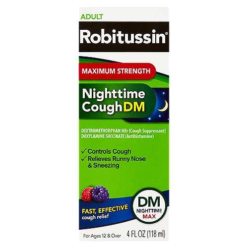 Robitussin Adult Maximum Strength Nighttime Cough DM Liquid, For Ages 12 & Over, 4 fl oz
Adult Maximum Strength Nighttime Cough DM Nighttime Max Liquid, For Ages 12 & Over

Drug Facts
Active ingredients (in each 20 ml) - Purposes
Dextromethorphan HBr, USP 30 mg - Cough suppressant
Doxylamine Succinate, USP 12.5 mg - Antihistamine

Uses
■ temporarily relieves cough due to minor throat and bronchial irritation as may occur with a cold
■ temporarily relieves these symptoms due to hay fever or other upper respiratory allergies:
■ runny nose
■ sneezing
■ itchy, watery eyes
■ itching of the nose or throat
■ controls the impulse to cough to help you sleep

