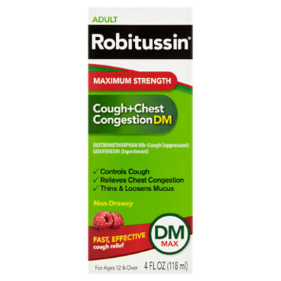 Robitussin Adult Maximum Strength Cough+Chest Congestion DM Max Liquid, For Ages 12 & Over, 4 fl oz, 118 Millilitre