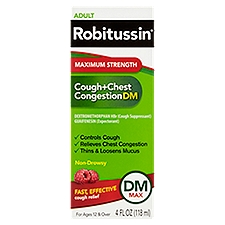 Robitussin Adult Maximum Strength Cough+Chest Congestion DM Max Liquid, For Ages 12 & Over, 4 fl oz, 118 Millilitre