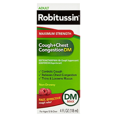 Robitussin Adult Maximum Strength Cough+Chest Congestion DM Max Liquid, For Ages 12 & Over, 4 fl oz
Dextromethorphan HBr (Cough Suppressant) Guaifenesin (Expectorant)

Uses
■ temporarily relieves cough due to minor throat and bronchial irritation as may occur with a cold
■ helps loosen phlegm (mucus) and thin bronchial secretions to drain bronchial tubes

Drug Facts
Active ingredients (in each 20 ml) - Purposes
Dextromethorphan HBr, USP 20 mg - Cough suppressant
Guaifenesin, USP 400 mg - Expectorant