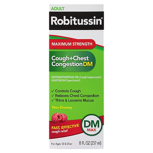 Robitussin Maximum Strength Adult Cough+Chest Congestion DM Liquid, For Ages 12 & Over, 8 fl oz
Drug Facts
Active ingredients (in each 20 ml) - Purposes
Dextromethorphan HBr, USP 20 mg - Cough suppressant
Guaifenesin, USP 400 mg - Expectorant

Uses
■ temporarily relieves cough due to minor throat and bronchial irritation as may occur with a cold
■ helps loosen phlegm (mucus) and thin bronchial secretions to drain bronchial tubes