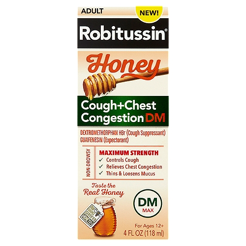 Robitussin DM Maximum Strength Adult Honey Cough+Chest Congestion Liquid, For Ages 12+, 4 fl oz
Maximum Strength
✓ Controls cough
✓ Relieves chest congestion
✓ Thins & loosens mucus

This new dynamic duo combines the great taste of natural honey you want with the powerful, effective cough relief you need.

Uses
■ temporarily relieves cough due to minor throat and bronchial irritation as may occur with a cold
■ helps loosen phlegm (mucus) and thin bronchial secretions to drain bronchial tubes

Drug Facts
Active ingredients (in each 20 ml) - Purposes
Dextromethorphan HBr, USP 20 mg - Cough suppressant
Guaifenesin, USP 400 mg - Expectorant