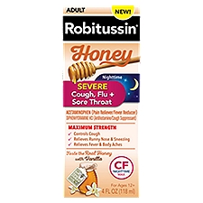 Robitussin CF Nighttime Adult Honey Severe Cough, Flu + Sore Throat For Ages 12+, Liquid, 4 Fluid ounce