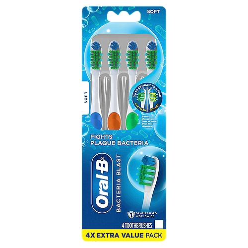 Oral-B Bacteria Blast Soft Toothbrushes Extra Value Pack, 4 count
With Power Tip bristles designed to reach deep and help clean hard-to-reach places, the Oral-B Bacteria Blast Toothbrush removes significantly more plaque than a regular manual brush. It features longer gum-massaging bristles that gently clean and stimulate the gum line. Bacteria Blasts's Max Clean bristles change from green to yellow when it's time to replace your toothbrush as suggested by the American Dental Association