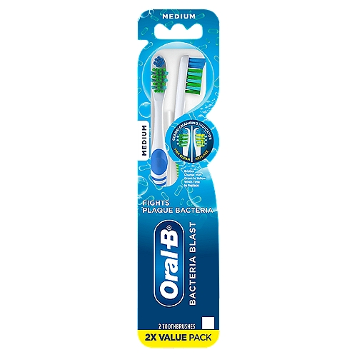 Oral-B Bacteria Blast Medium Toothbrush Value Pack, 2 count
With Power Tip bristles designed to reach deep and help clean hard-to-reach places, the Oral-B Bacteria Blast Toothbrush removes significantly more plaque than a regular manual brush. It features longer gum-massaging bristles that gently clean and stimulate the gum line. Bacteria Blasts's Max Clean bristles change from green to yellow when it's time to replace your toothbrush as suggested by the American Dental Association