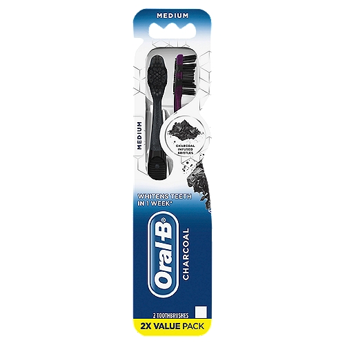 Oral-B Charcoal Medium Toothbrushes Value Pack, 2 count
The Oral-B Charcoal toothbrush features charcoal infused bristles! It whitens teeth by removing surface stains. PowerTip bristles help clean plaque in hard to reach places while Gum Massagers gently massage your gums and help clean along the gumline. Additionally, the Tongue and Cheek Cleaner work to gently clean your tongue and cheeks. Whitens teeth by removing surface stains. Dentists recommend changing your brush every 3 months. A new toothbrush can remove up to 30% more plaque than one 3 months old.** Trust the brand more dentists use themselves worldwide, Oral-B. **Research with a flat trim manual toothbrush