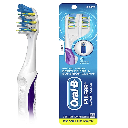Oral-B Pulsar Vibrating Expert Clean Soft Battery Powered Toothbrushes Value Pack, 2 count
Pulsar Expert Clean has soft vibrating bristles that help break up plaque between teeth. Just turn it on and brush as you would with a regular manual toothbrush. Plus, Pulsar's pressure-sensitive split head adjusts to the contours of your teeth to clean hard-to-reach places. Color may vary.
