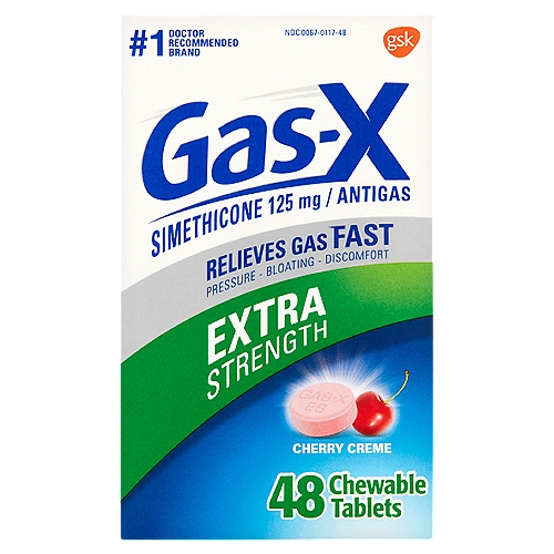 Gas-X Extra Strength Cherry Creme Simethicone Chewable Tablets, 125 mg, 48 countnGas-X Extra Strength Tablets offer fast, effective relief of pressure and bloating that antacids can't provide. They are specially formulated with simethicone, the antigas medicine doctors recommend most for pressure, bloating or discomfort referred to as gas.nnGas-X Extra Strength Cherry Creme chewable tablets have a pleasantly smooth, creamy cherry flavor.nnUsenFor the relief ofn• pressure, bloating, and fullness commonly referred to as gasnnDrug FactsnActive ingredient (in each tablet) - PurposenSimethicone 125 mg - Antigas