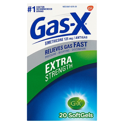 Gas-X Extra Strength Simethicone Softgels, 125 mg, 20 count
Gas-X® Extra Strength Softgels offer fast, effective relief of pressure and bloating that antacids can't provide. They are specially formulated with simethicone, the antigas medicine doctors recommend most for pressure, bloating or discomfort referred to as gas.

Gas-X® Extra Strength Softgels are concentrated to contain liquid gas-fighting medicine in a small softgel so they are easy to swallow, and there is no chalky taste.

Use
For the relief of
• pressure, bloating, and fullness commonly referred to as gas

Drug Facts
Active ingredient (in each softgel) - Purpose
Simethicone 125 mg - Antigas