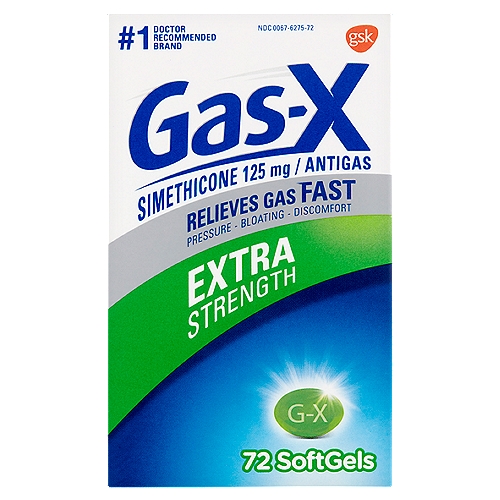 Gas-X Extra Strength Simethicone Softgels, 125 mg, 72 count
Gas-X Extra Strength Softgels offer fast, effective relief of pressure and bloating that antacids can't provide. They are specially formulated with simethicone, the antigas medicine doctors recommend most for pressure, bloating, or discomfort referred to as gas.

Gas-X Extra Strength Softgels are concentrated to contain liquid gas-fighting medicine in a small softgel so they are easy to swallow, and there is no chalky taste.

Use
For the relief of
• pressure, bloating, and fullness commonly referred to as gas

Drug Facts
Active ingredient (in each softgel) - Purpose
Simethicone 125 mg - Antigas