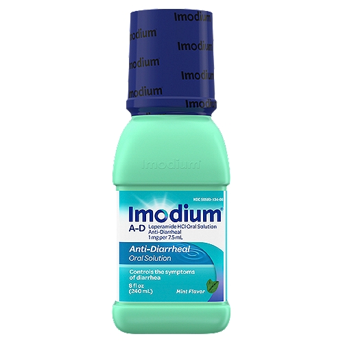 Imodium Mint Flavor Anti-Diarrheal Oral Solution, 8 fl oznLoperamide HCI, Anti-Diarrheal 1 mg per 7.5 mlnnUsenControls symptoms of diarrhea, including Travelers' DiarrheannDrug FactsnActive ingredient (in each 7.5 mL) - PurposenLoperamide HCl 1 mg - Anti-diarrheal