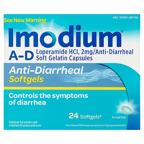 Imodium Anti-Diarrheal Softgels, 2 mg, 24 count
A-D Loperamide HCl, 2mg/Anti-Diarrheal Soft Gelatin Capsules

Drug Fats
Active ingredient (in each capsule) - Purpose
Loperamide HCl 2 mg - Anti-diarrheal

Use
Controls symptoms of diarrhea, including travelers' diarrhea