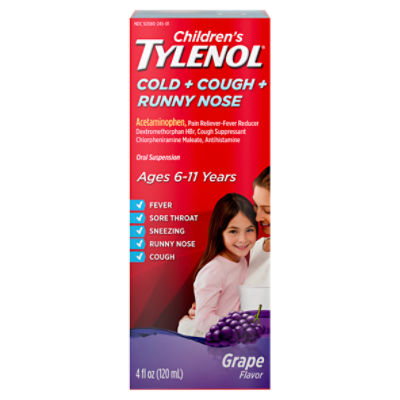 Tylenol Children's Cold + Cough + Runny Nose Grape Flavor Oral Suspension, Ages 6-11 Years, 4 fl oz