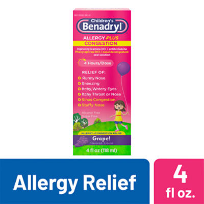 Benadryl Children's Grape! Flavored Allergy Plus Congestion Liquid, 4 fl oz