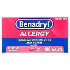 Benadryl Ultratabs Allergy Diphenhydramine HCl Antihistamine Tablets, 25 mg, 100 count, 100 Each