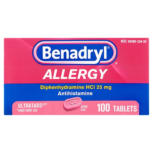 Benadryl Ultratabs Allergy Diphenhydramine HCl Antihistamine Tablets, 25 mg, 100 count
Ultratabs®*
*small tablet size

Uses
■ temporarily relieves these symptoms due to hay fever or other upper respiratory allergies:
 ■ runny nose
 ■ sneezing
 ■ itchy, watery eyes
 ■ itching of the nose or throat
■ temporarily relieves these symptoms due to the common cold:
 ■ runny nose
 ■ sneezing

Drug Facts
Active ingredient (in each tablet) - Purpose
Diphenhydramine HCl 25 mg - Antihistamine