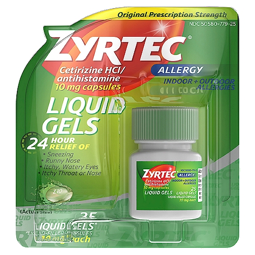 ZYRTEC Original Prescription Strength Allergy Liquid Gels, 10 mg, 25 count
25 Liquid Gels*
*Liquid-Filled Capsules

Drug Facts
Active ingredient (in each tablet) - Purpose
Cetirizine HCl 10 mg - Antihistamine

Uses
Temporarily relieves these symptoms due to hay fever or other upper respiratory allergies:
■ runny nose
■ sneezing
■ itchy, watery eyes
■ itching of the nose or throat