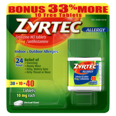 Zyrtec Cetirizine Indoor & Outdoor Allergy Tablets, 10 mg, 40 count