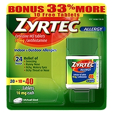 Zyrtec Cetirizine Indoor & Outdoor Allergy Tablets, 10 mg, 40 count