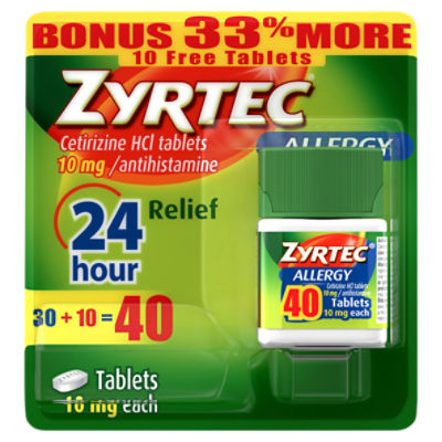 Zyrtec 24 Hour Allergy Relief Tablets with 10 mg Cetirizine HCl, 40 ct