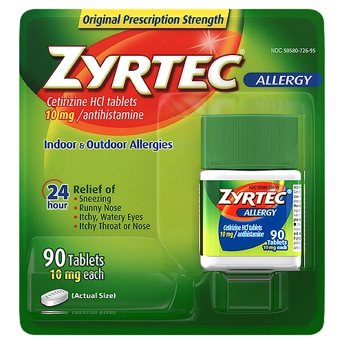 Zyrtec Original Prescription Strength Indoor & Outdoor Allergy Tablets, 10 mg, 90 count
Drug Facts
Active ingredient (in each tablet) - Purpose
Cetirizine HCl 10 mg - Antihistamine

Uses
Temporarily relieves these symptoms due to hay fever or other upper respiratory allergies:
■ runny nose
■ sneezing
■ itchy, watery eyes
■ itching of the nose or throat