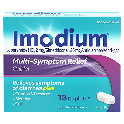 Imodium Multi-Symptom Relief Caplets, 18 count
18 caplets*
*capsule-shaped tablets

Uses
Relieves symptoms of diarrhea plus bloating, pressure and cramps, commonly referred to as gas

Drug Facts
Active ingredients (in each caplet) - Purposes
Loperamide HCI 2 mg - Anti-diarrheal
Simethicone 125 mg - Anti-gas