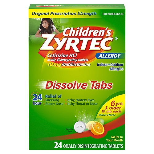 Zyrtec Children's Indoor + Outdoor Allergies Citrus Flavor Dissolve Tabs, 6yrs & Older, 24 count