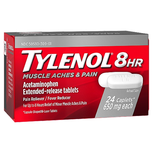 Tylenol 8 Hr Muscle Aches & Pain Acetaminophen Extended-Release Tablets, 650 mg, 24 count
24 caplets*
*Capsule-shaped bi-layer tablets

Drug Facts
Active ingredient (in each caplet) - Purpose
Acetaminophen 650 mg - Pain reliever/fever reducer

Uses
■ temporarily relieves minor aches and pains due to:
■ muscular aches
■ backache
■ minor pain of arthritis
■ toothache
■ premenstrual and menstrual cramps
■ headache
■ the common cold
■ temporarily reduces fever