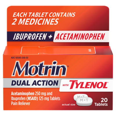 Motrin Dual Action with Tylenol Acetaminophen 250 mg and Ibuprofen 125 mg Tablets, 20 Count, 20 Each
