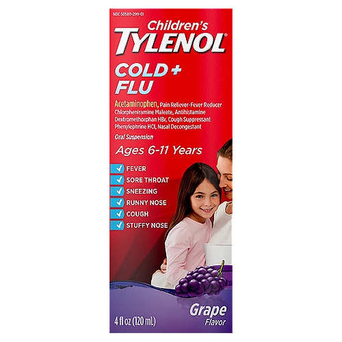 Children's Tylenol Cold & Flu Liquid Oral Suspension Medicine, Grape, 4 fl. oz