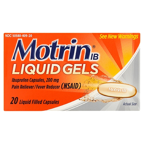Motrin IB Ibuprofen Liquid Gels, 200 mg, 20 count
Ibuprofen Capsules, 200 mg Pain Reliever/Fever Reducer (NSAID)

Uses
■ temporarily relieves minor aches and pains due to:
 ■ headache
 ■ muscular aches
 ■ minor pain of arthritis
 ■ toothache
 ■ backache
 ■ the common cold
 ■ menstrual cramps
■ temporarily reduces fever

Drug Facts
Active ingredient (in each capsule) - Purpose
Solubilized ibuprofen equal to 200 mg ibuprofen (NSAID)* - Pain reliever/fever reducer
(present as the free acid and potassium salt)
*nonsteroidal anti-inflammatory drug