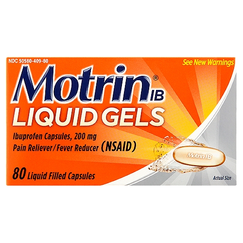 Motrin IB Ibuprofen Liquid Gels, 200 mg, 80 count
Ibuprofen Capsules, 200 mg Pain Reliever/Fever Reducer (NSAID)

Uses 
■ temporarily relieves minor aches and pains due to: 
 ■ headache
 ■ muscular aches 
 ■ minor pain of arthritis
 ■ toothache 
 ■ backache
 ■ the common cold
 ■ menstrual cramps 
■ temporarily reduces fever

Drug Facts 
Active ingredient (in each capsule) - Purpose 
Solubilized ibuprofen equal to 200 mg ibuprofen (NSAID)* (present as the free acid and potassium salt) - Pain reliever/fever reducer
*nonsteroidal anti-inflammatory drug