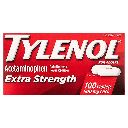 Tylenol Extra Strength for Adults Caplets, 500 mg, 100 count
Uses
■ temporarily relieves minor aches and pains due to:
 ■ the common cold
 ■ headache
 ■ backache
 ■ minor pain of arthritis
 ■ toothache
 ■ muscular aches
 ■ premenstrual and menstrual cramps
■ temporarily reduces fever

Drug Facts
Active ingredient (in each caplet) - Purpose
Acetaminophen 500 mg - Pain reliever/fever reducer