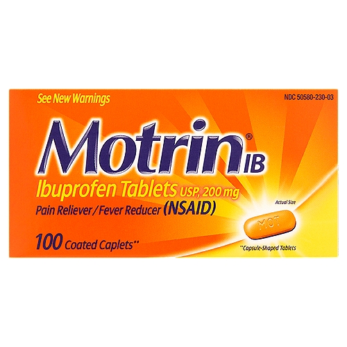 Motrin IB Ibuprofen Caplets, USP, 200 mg, 100 count
Coated caplets**
**Capsule-shaped tablets

Pain Reliever/Fever Reducer (NSAID)

Uses
■ temporarily relieves minor aches and pains due to:
 ■ headache
 ■ muscular aches
 ■ minor pain of arthritis
 ■ toothache
 ■ backache
 ■ the common cold
 ■ menstrual cramps
■ temporarily reduces fever

Drug Facts
Active ingredient (in each caplet) - Purposes
Ibuprofen 200 mg (NSAID)* - Pain reliever/fever reducer
*nonsteroidal anti-inflammatory drug