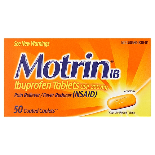 Motrin IB Ibuprofen Tablets, USP, 200 mg, 50 count
Pain Reliever/Fever Reducer (NSAID)

Coated caplets**
**Capsule-shaped tablets

Uses
■ temporarily relieves minor aches and pains due to:
■ headache
■ muscular aches
■ minor pain of arthritis
■ toothache
■ backache
■ the common cold
■ menstrual cramps
■ temporarily reduces fever

Drug Facts
Active ingredient (in each caplet) - Purposes
Ibuprofen 200 mg (NSAID)* - Pain reliever/fever reducer
*nonsteroidal anti-inflammatory drug