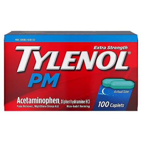 Tylenol PM Extra Strength Caplets, 100 count
Uses
Temporarily relief of occasional headaches and minor aches and pains with accompanying sleeplessness

Drug Facts
Active ingredients (in each caplet) - Purpose
Acetaminophen 500 mg - Pain reliever
Diphenhydramine HCI 25 mg - Nighttime sleep aid