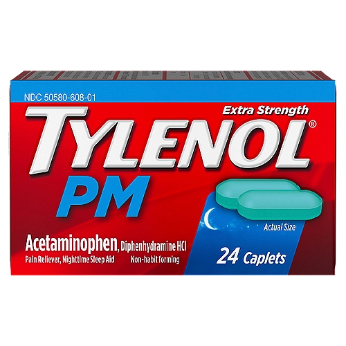 Tylenol Extra Strength PM Caplets, 24 count
Uses
Temporary relief of occasional headaches and minor aches and pains with accompanying sleeplessness

Drug Facts
Active ingredients (in each caplet) - Purpose
Acetaminophen 500 mg - Pain reliever
Diphenhydramine HCl 25 mg  - Nighttime sleep aid