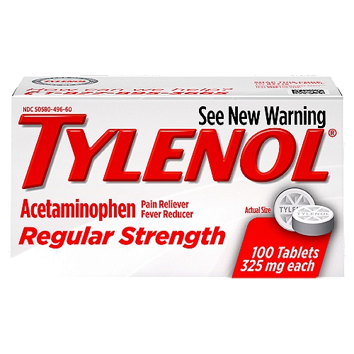 Tylenol Regular Strength Acetaminophen Tablets, 325 mg, 100 count
Uses
■ temporarily relieves minor aches and pains due to:
 ■ headache
 ■ muscular aches
 ■ backache
 ■ minor pain of arthritis
 ■ the common cold
 ■ toothache
 ■ premenstrual and menstrual cramps
■ temporarily reduces fever

Drug Facts
Active ingredient (in each tablet) - Purpose
Acetaminophen 325 mg - Pain reliever/fever reducer