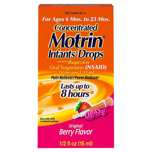 Motrin Concentrated Original Berry Flavor Infants' Drops, For Ages 6 Mos. to 23 Mos.,1/2 fl oz
Uses Temporarily:
■ reduces fever
■ relieves minor aches and pains due to the common cold, flu, sore throat, headaches and toothaches

Drug Facts
Active ingredient (in each 1.25 mL) - Purpose
Ibuprofen 50 mg (NSAID)* - Pain reliever/fever reducer
*nonsteroidal anti-inflammatory drug
