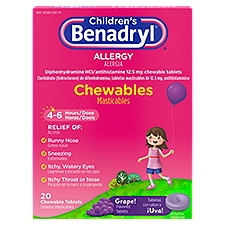 Benadryl Children's Allergy Grape Flavored Chewable Tablets, 20 count, 20 Each