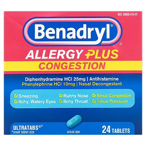 Benadryl Allergy Plus Congestion Ultratabs Tablets, 24 count
Ultratabs®*
*small tablet size

Uses
■ temporarily relieves these symptoms due to hay fever or other upper respiratory allergies:
 ■ runny nose
 ■ sneezing
 ■ itchy, watery eyes
 ■ itching of the nose or throat
 ■ nasal congestion
■ temporarily relieves these symptoms due to the common cold:
 ■ runny nose
 ■ sneezing
 ■ nasal congestion
■ temporarily relieves sinus congestion and pressure

Drug Facts
Active ingredients (in each tablet) - Purposes
Diphenhydramine HCl 25 mg - Antihistamine
Phenylephrine HCl 10 mg - Nasal decongestant