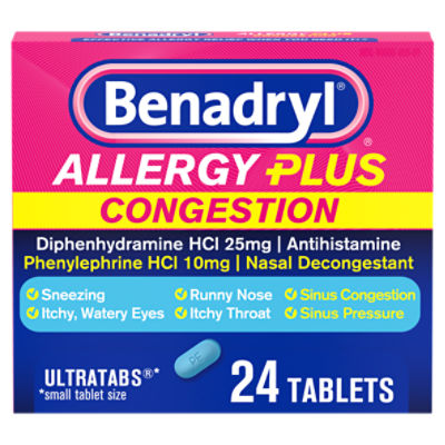 Benadryl Allergy Plus Congestion Ultratabs Allergy Medicine, 24 Count