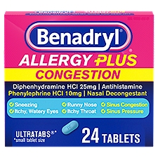 Benadryl Allergy Plus Congestion Ultratabs Allergy Medicine, 24 ct